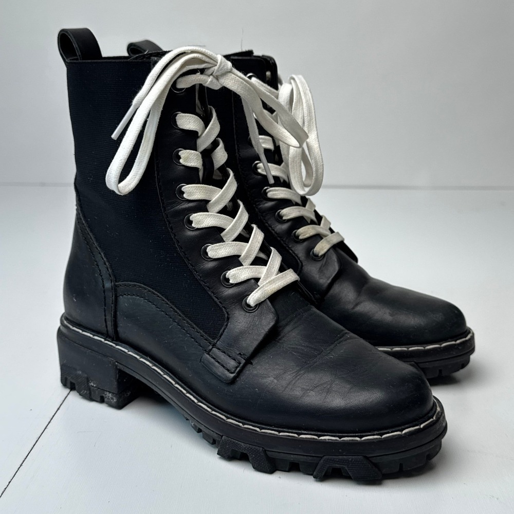 Rag & Bone Shiloh Black Leather Textile Combat Boots White Laces Lug‎ Sole - Picture 3 of 14